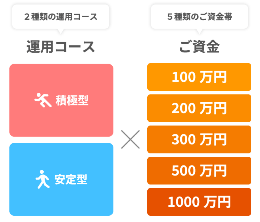 2種類の運用コース、積極型、安定型。5種類のご資金帯、100万円、200万円、300万円、500万円、1000万円。