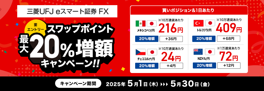【三菱UFJ eスマート証券 FX】スワップポイント最大20%増額キャンペーン(要エントリー)