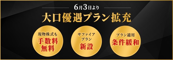 大口優遇プランを拡充！2024年6月3日（月）約定分より現行の信用取引の手数料無料に加え、現物株式手数料も無料に！