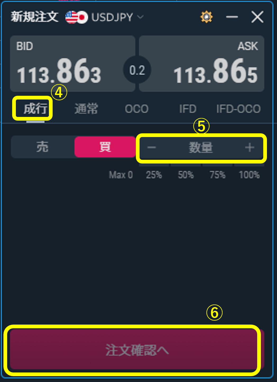 三菱UFJ eスマート証券 FX PCアプリ 新規取引(成行注文の場合)2